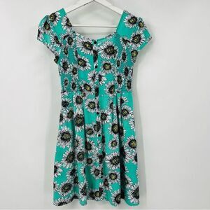 Mudd Teal White Knit Top Girls Cinched Waist Flowy Floral Sunflower Y2K Dress 12